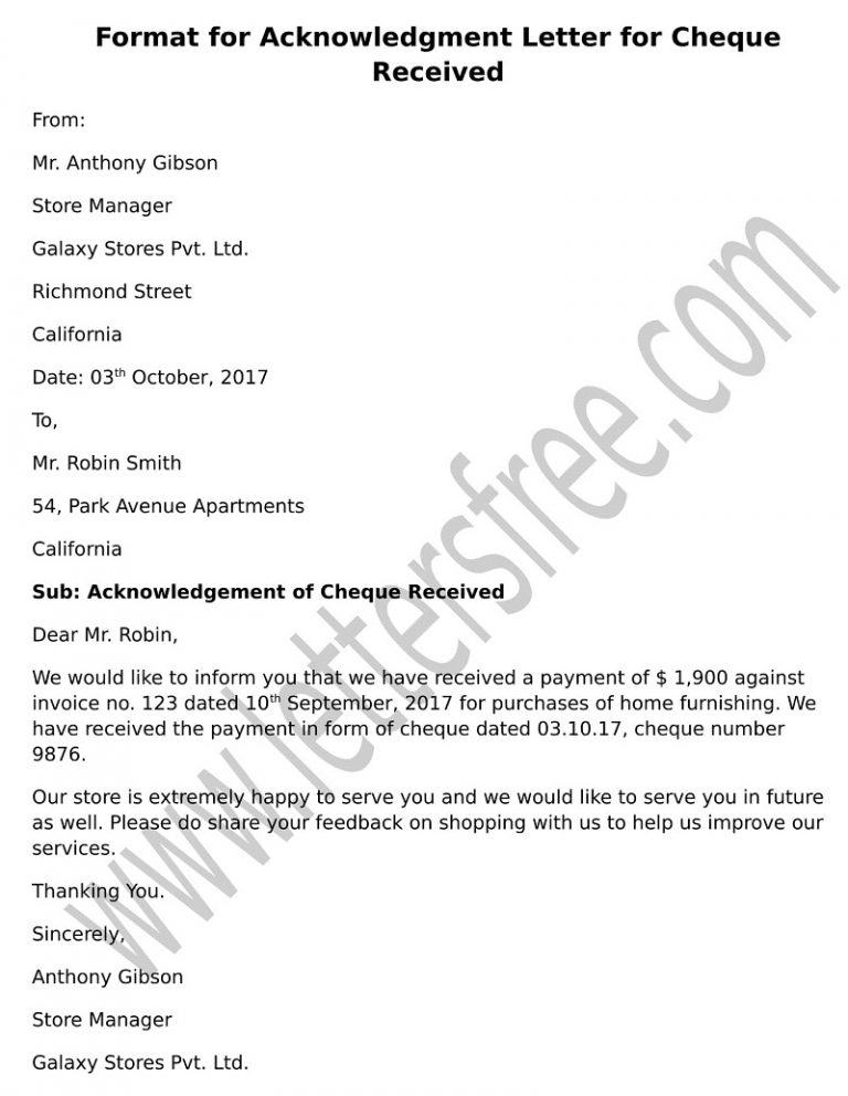 Letter Of Acknowledgement For Cheque Received Free Letters