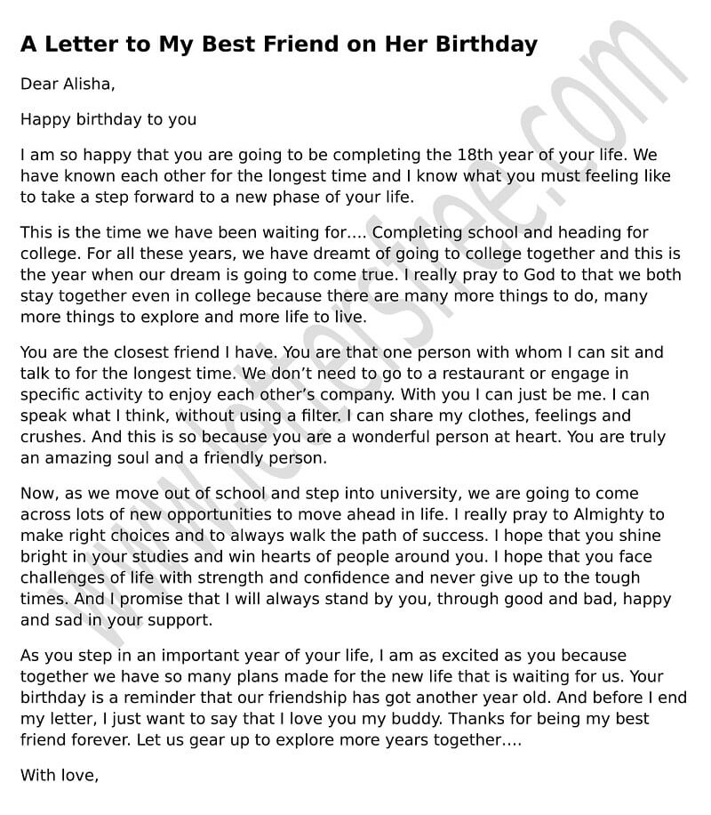 A Letter To My Best Friend On Her Birthday Sample Birthday Letter