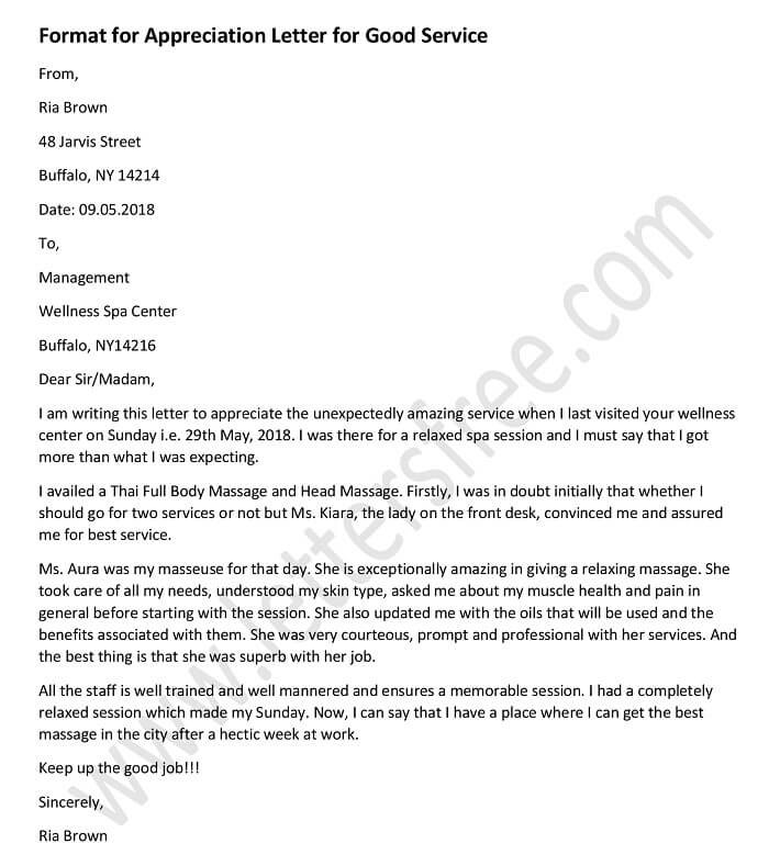 Appreciation Letter for Good Service, Sample, Example Appreciation Letter