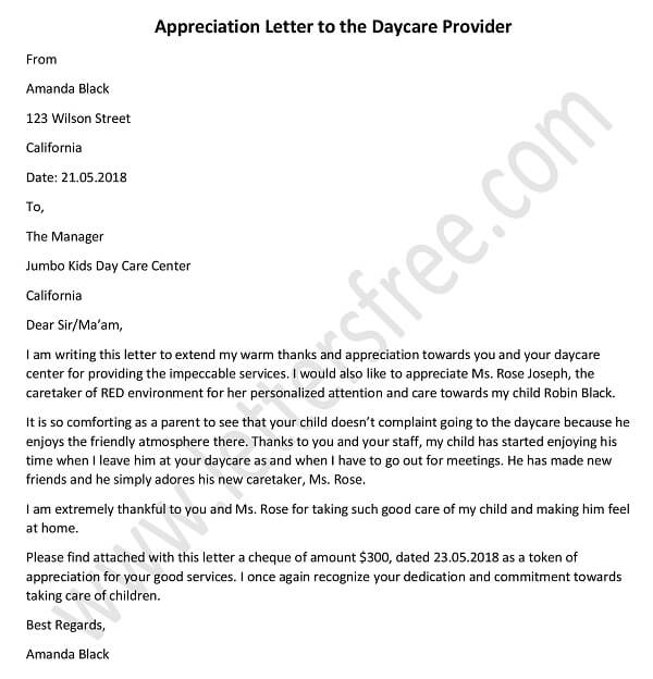 Appreciation Letter To The Daycare Provider Sample Example And Tips