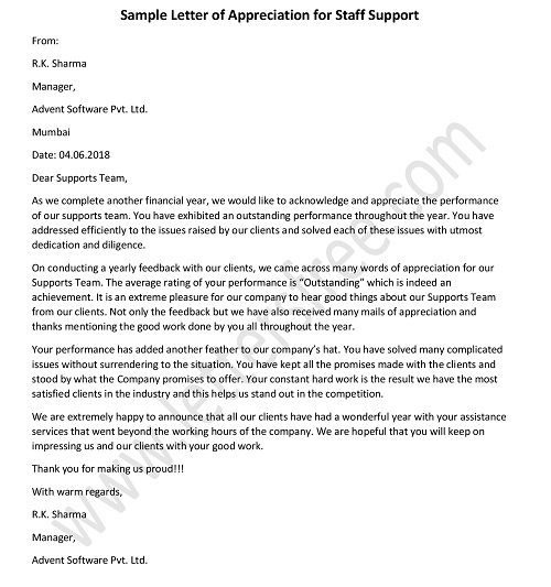 Support Staff Appreciation Letter for Good Work, Sample Appreciation Letter