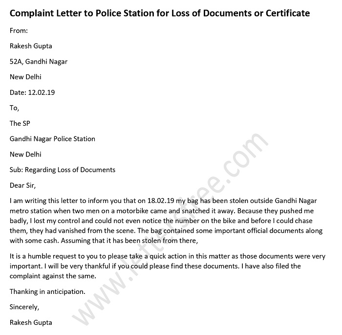 Complaint Letter to Police Station for Loss of Documents or Certificate