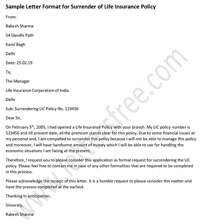 Sample Letter Format for Surrender of Life Insurance Policy